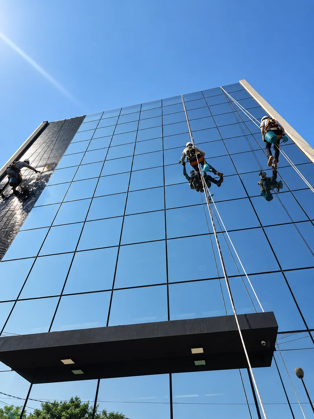 Equipe em acesso por corda realizando limpeza de fachada envidraçada