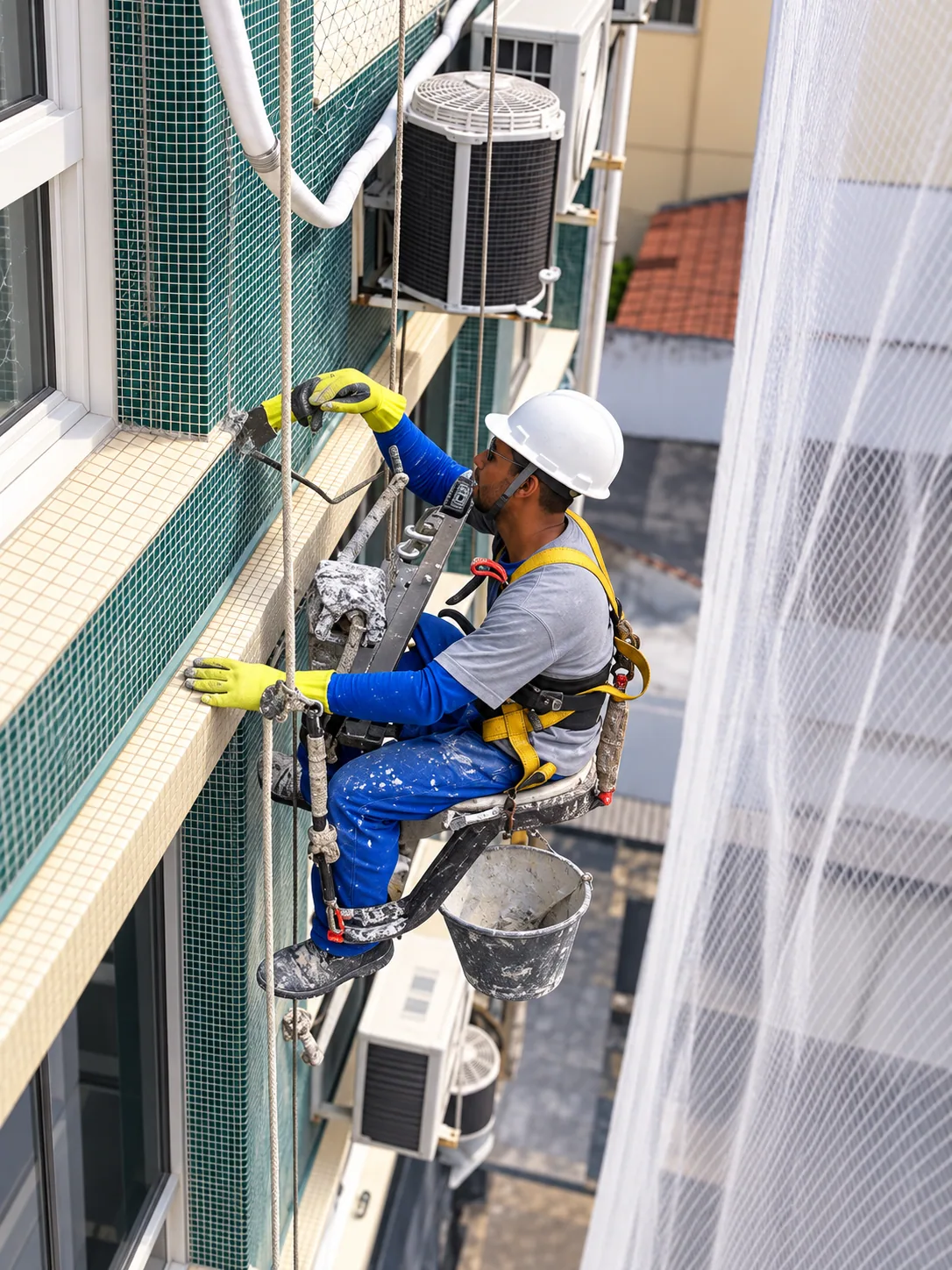 Técnico realizando manutenção de fachada em edifício com acesso por corda