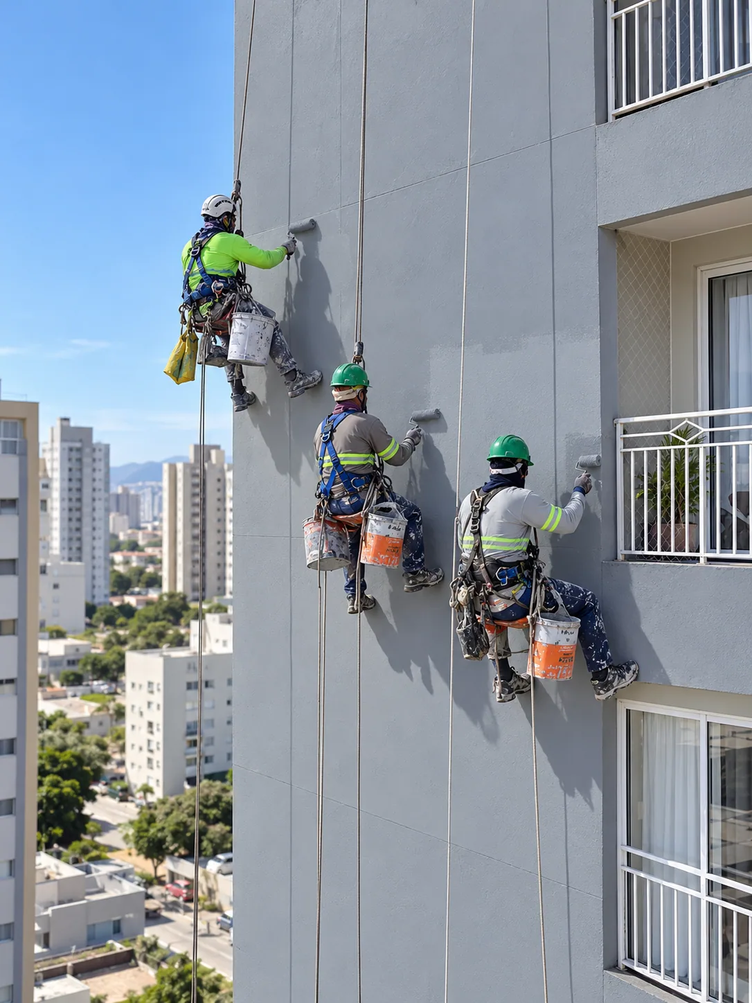 Pintor profissional aplicando pintura em fachada de prédio em Balneário Camboriú com equipamento de segurança