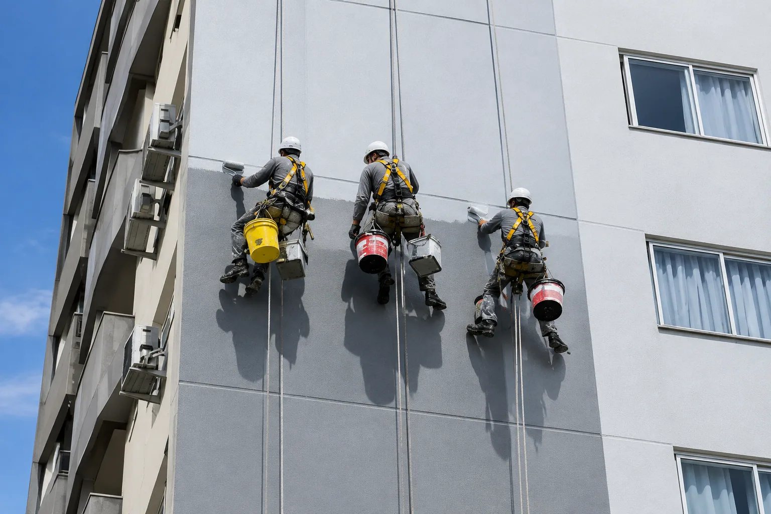Equipe executando pintura de fachada predial com acesso por corda
